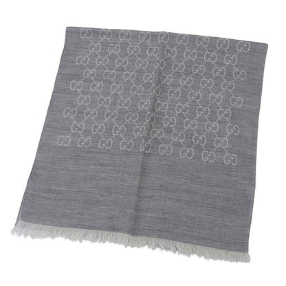 Gucci Wool Silk Blend GG Pattern Fringe Shawl Gray 45 180 cm