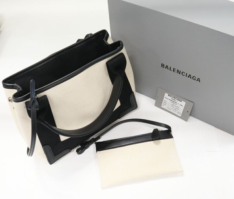 Balenciaga Hand Tote Shoulder Bag Navy Cabas Su XS Canvas X Calf Beige X Black