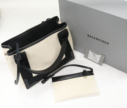 Balenciaga Hand Tote Shoulder Bag Navy Cabas Su XS Canvas X Calf Beige X Black