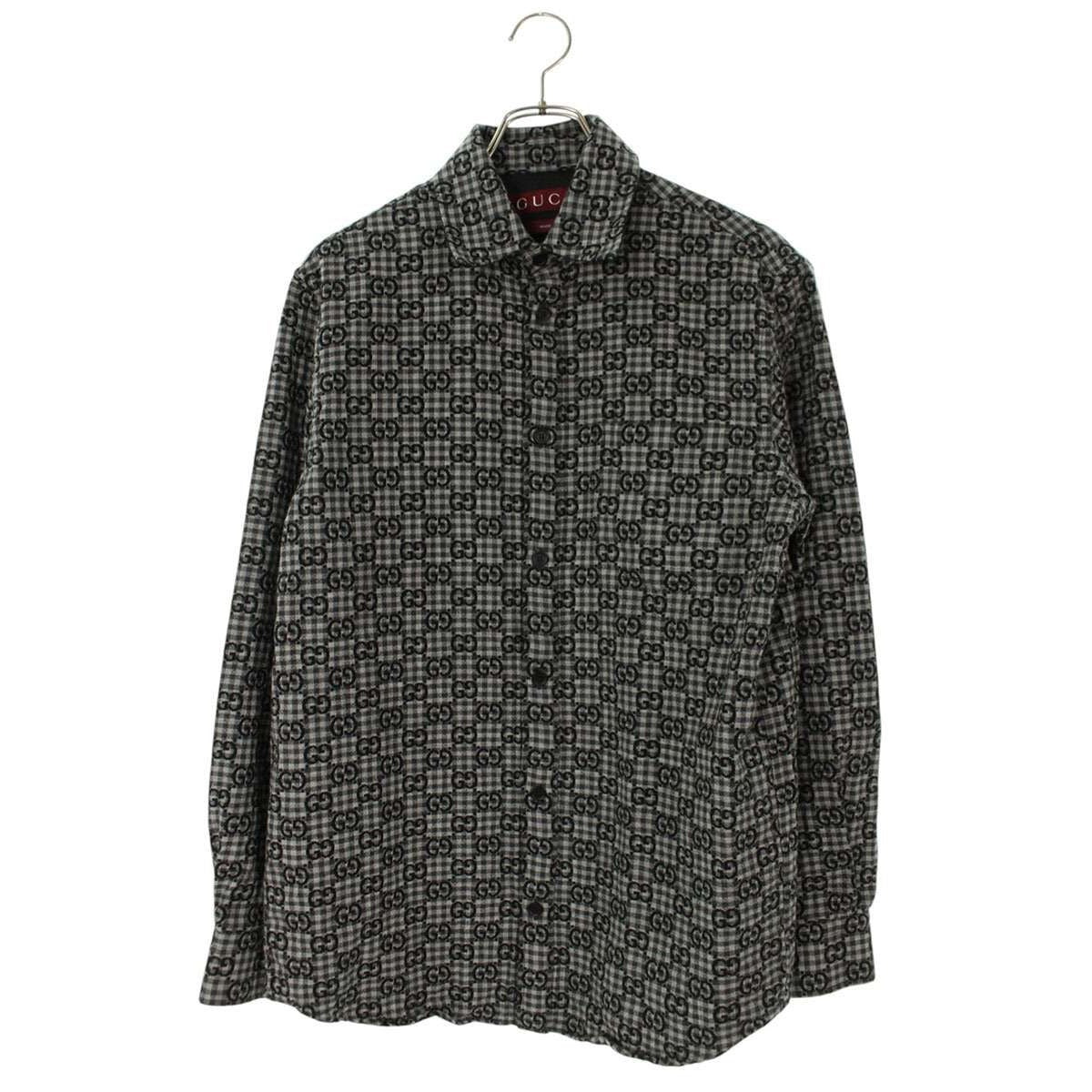 Gucci Zasiz GG Gingham Check Long Sleeve Shirt 44 Gray Black
