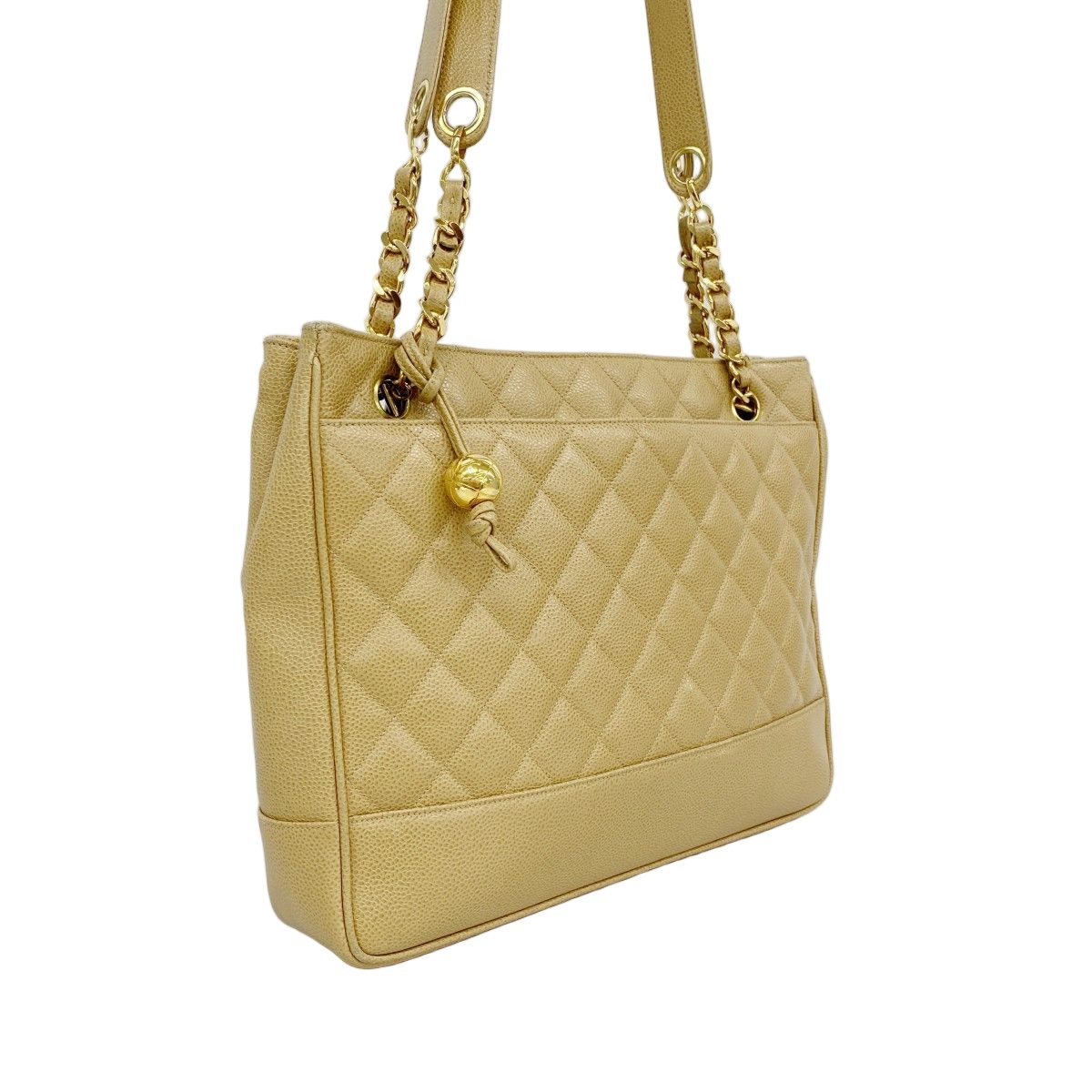 Chanel Chain Tote Quilted Caviar Leather Light Brown Gold — view 2