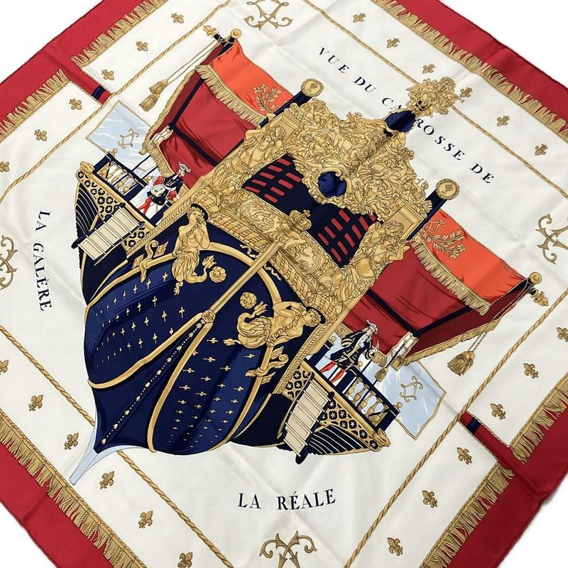 Hermes Scarf Carré 90 Red X Ivory X Multi VUE DU CA Rosse DE LA Galere LA Reale