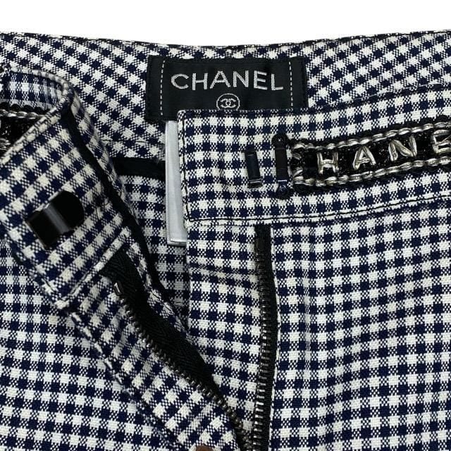 Chanel P53371 Pants Bottoms Slacks Gingham Check Hem Zip Coco Mark Logo Cotton