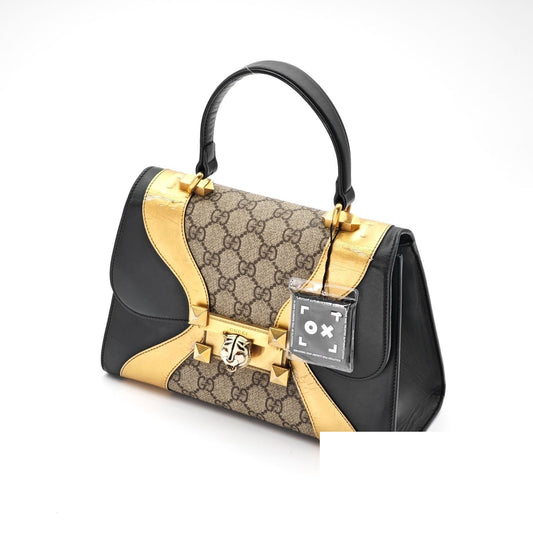 Gucci Tiger Head Handbag Bag Unique Black Gold Beige