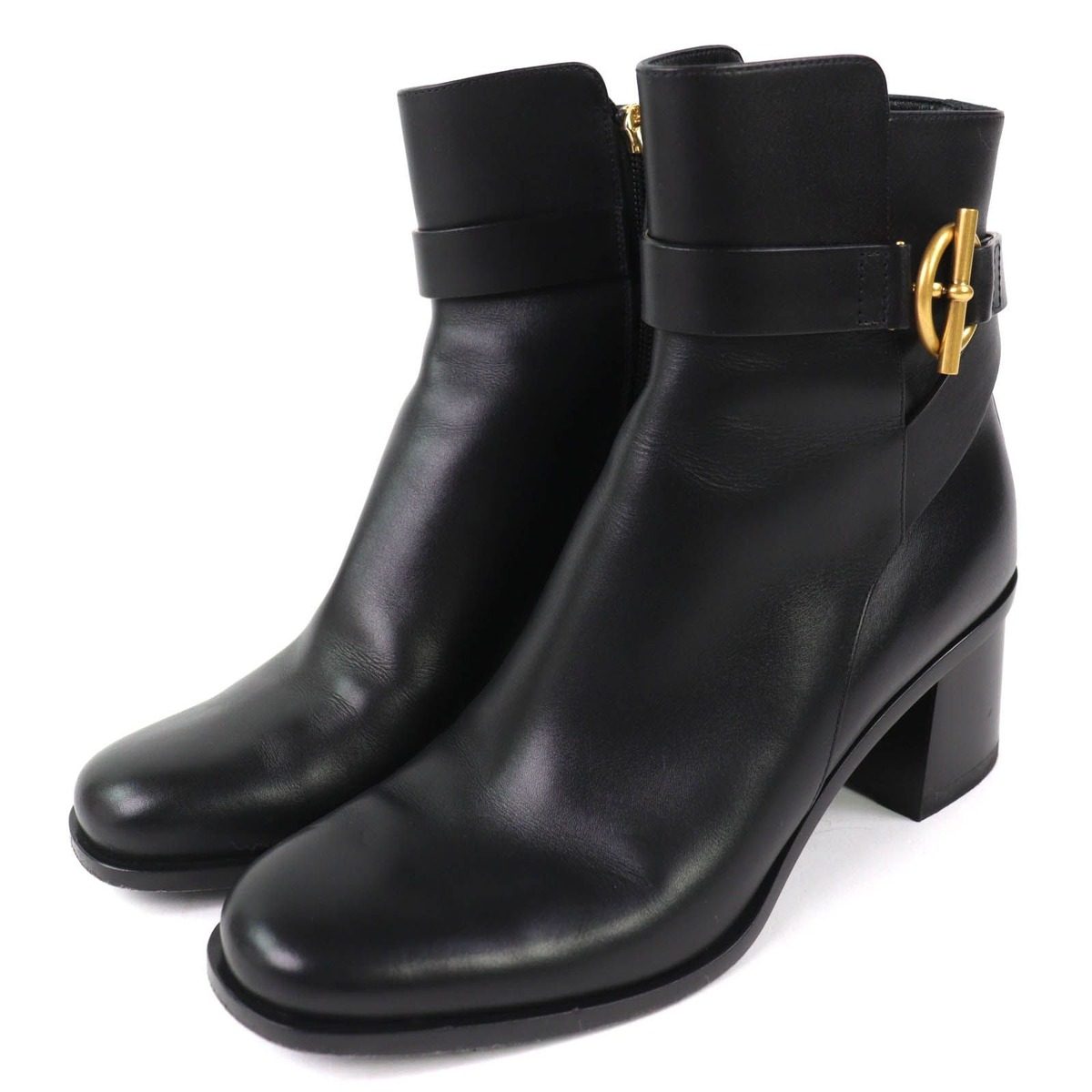 Hermes Jill 60 Glenan Buckle Side Zip Leather Heel Short Boots Black 36.5