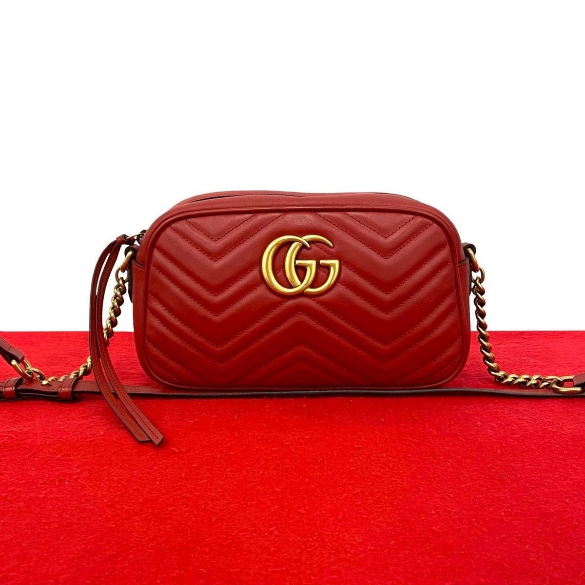 Gucci GG Marmont Quilted Leather Mini Chain Shoulder Bag Pochette Crossbody Red