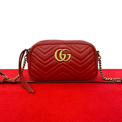 Gucci GG Marmont Quilted Leather Mini Chain Shoulder Bag Pochette Crossbody Red