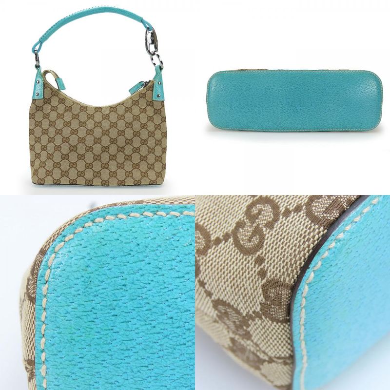 Gucci Shoulder Bag 115002 GG Canvas Leather Beige Blue Silver Hardware Shoulder