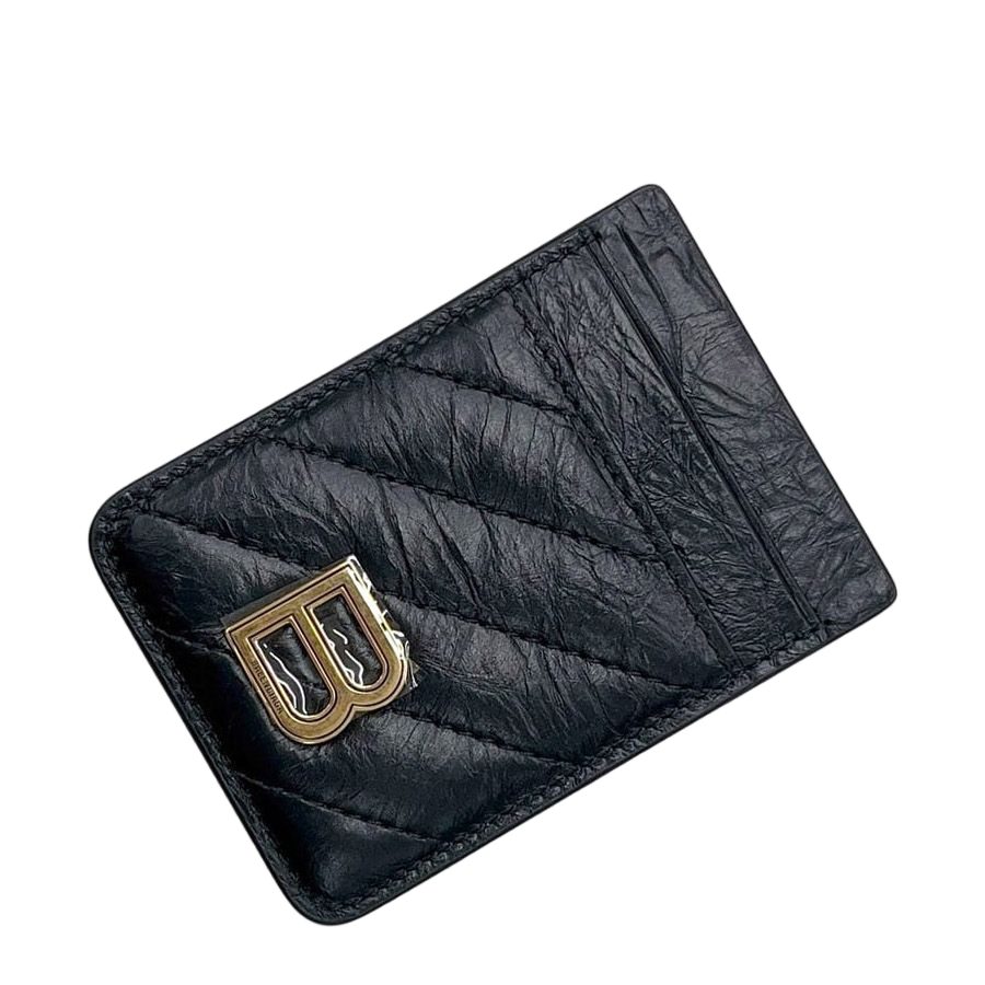 Balenciaga Card Case Magnet Holder Black Quilted Leather