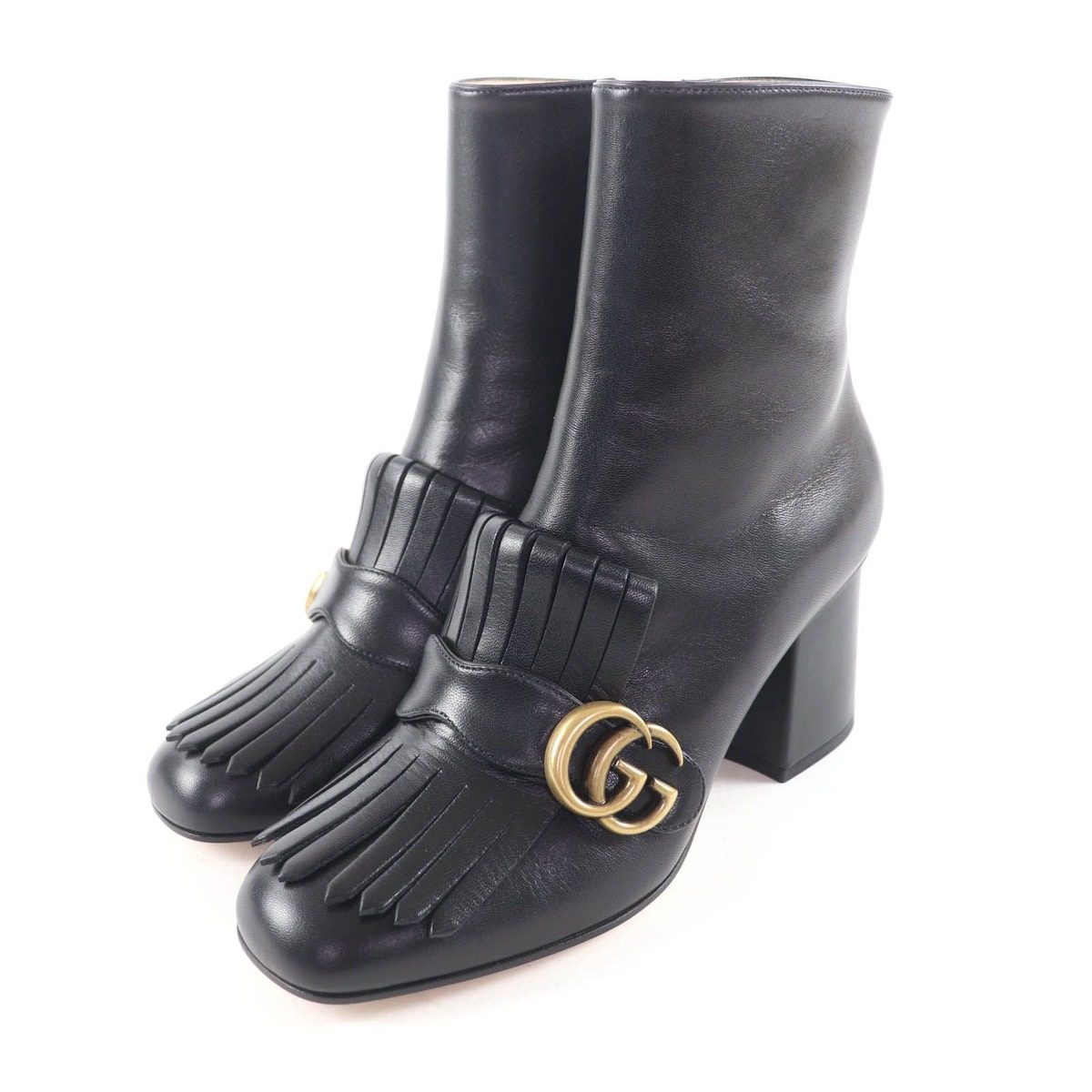 Gucci GG Marmont Tassel Side Zip Leather Short Boots Black Gold 38 Handbag