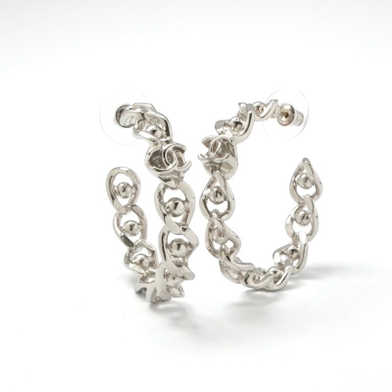 Chanel Earrings Earring Silver Coco Mark Hoop Earrings