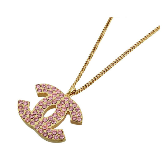 Chanel CC Logo Necklace Gold Rose Metal Rhinestone 02P Costume Pendant