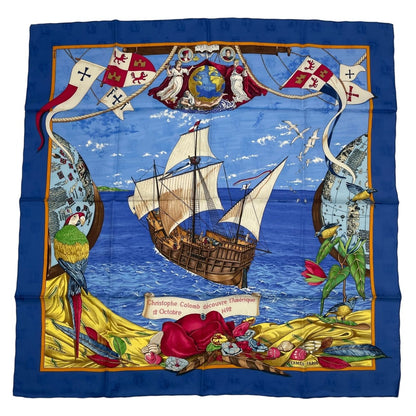 Hermes Scarf Silk Carre 90 Christophe Colomb Decouvre L'amerique 12 Octobre