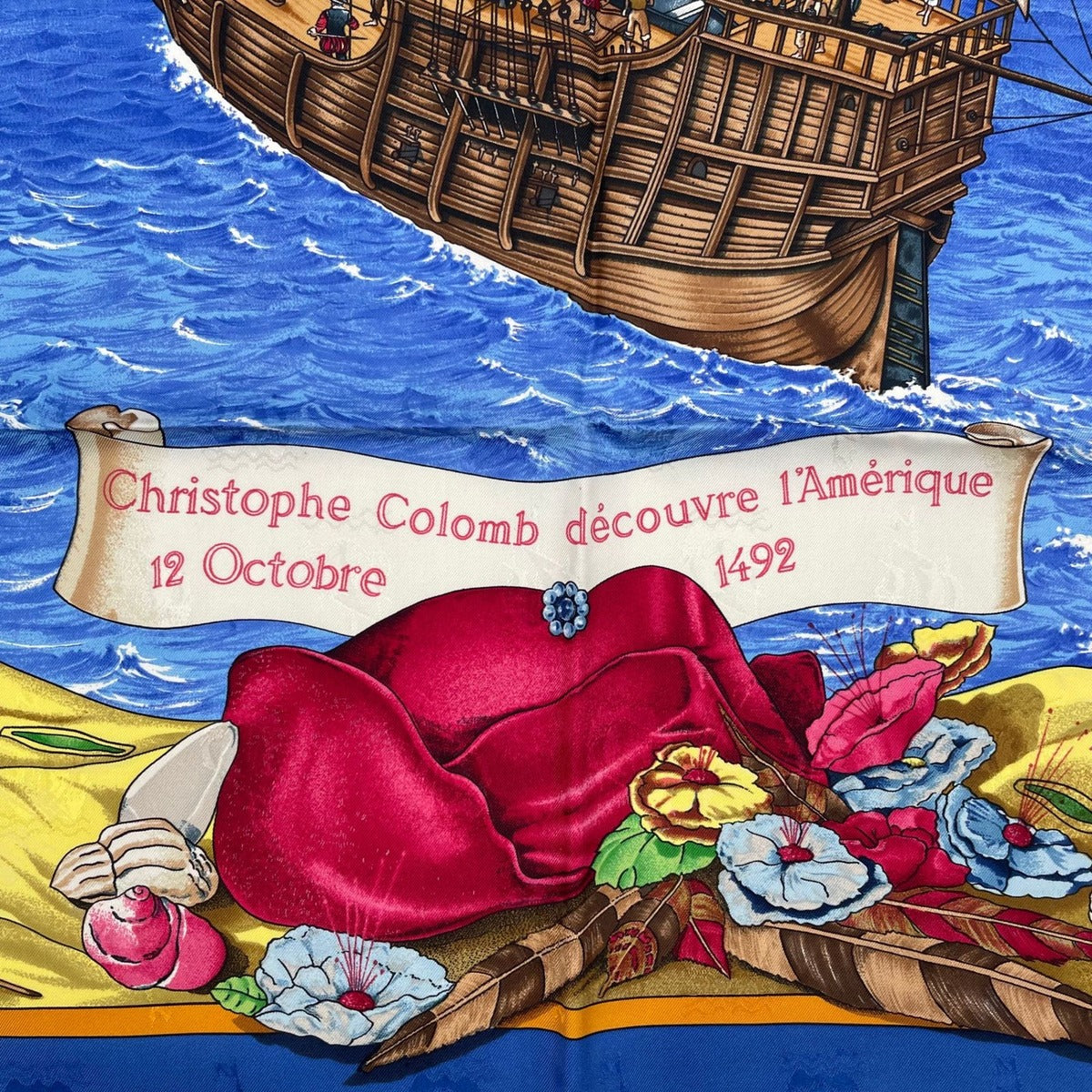 Hermes Scarf Silk Carre 90 Christophe Colomb Decouvre L'amerique 12 Octobre — view 7