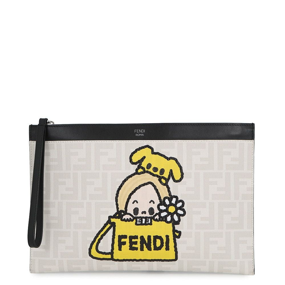 Fendi Clutch Taro Out Collaboration Zucca Pattern Leather White Yellowblack