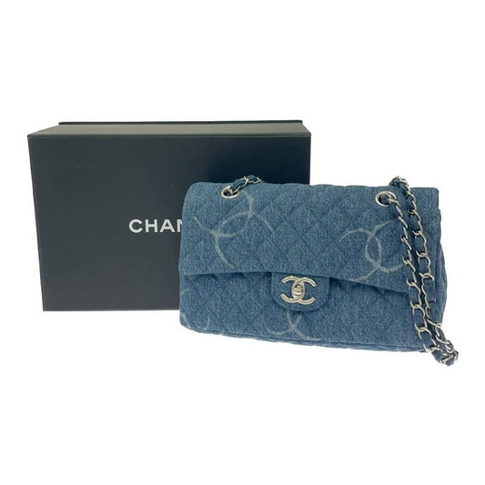Chanel Quilted Denim Print Chain Shoulder Bag Blue