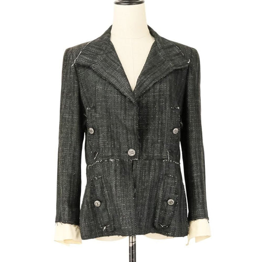 Chanel CC Logo Button Silk Tweed Jacket 42 Black