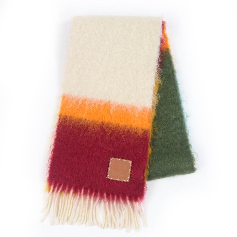LOEWE Mohair Wool Monogram Leather Scarf With Patch And Fringe Multicolor Made