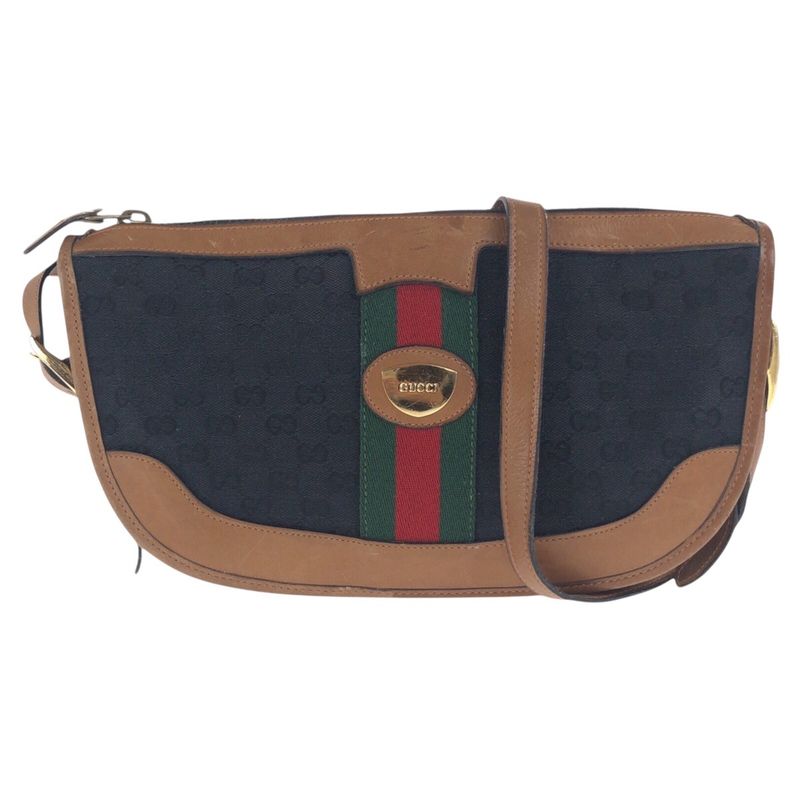 Gucci Vintage Old Gucci Sherry Line Black Brown GG Canvas/leather Shoulder Bag