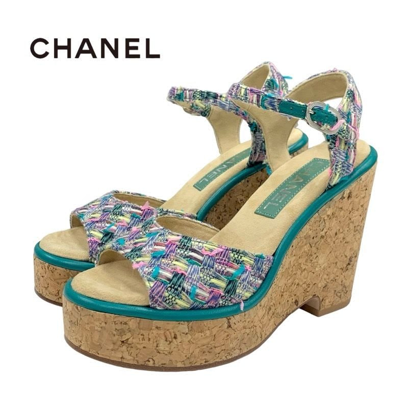Chanel Sandals Shoes Tweed Cork Multicolor Coco Mark