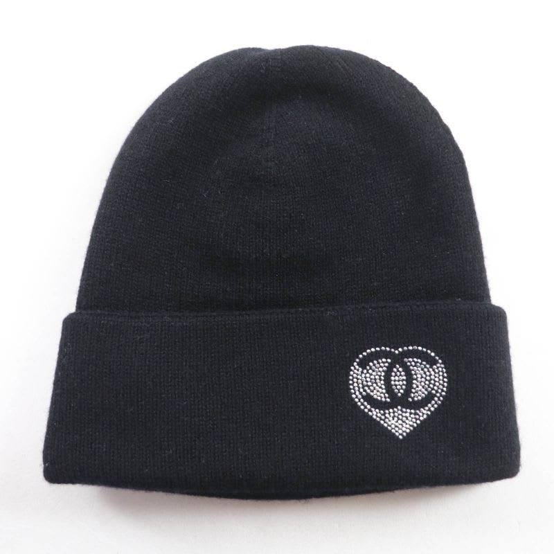 Chanel 100% Cashmere Coco Mark Knit Cap With Rhinestones Black