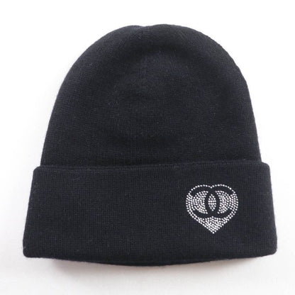 Chanel 100% Cashmere Coco Mark Knit Cap With Rhinestones Black