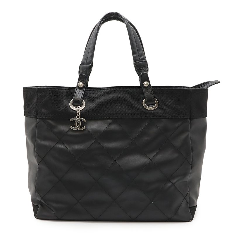 Chanel Paris Biarritz Tote MM Tote Handbag Coated Canvas Black Silver Hardware