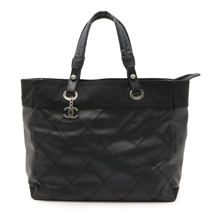 Chanel Paris Biarritz Tote MM Tote Handbag Coated Canvas Black Silver Hardware