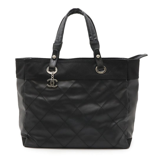 Chanel Paris Biarritz Tote MM Tote Handbag Coated Canvas Black Silver Hardware