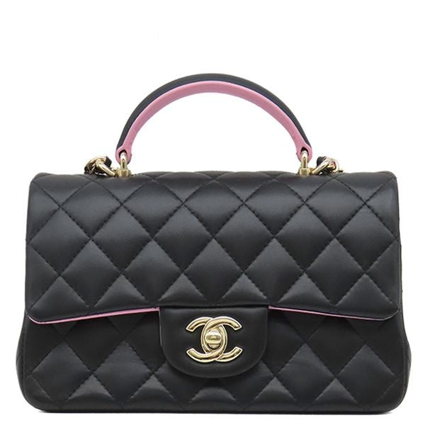 Chanel Shoulder Bag Quilted Top Handle Mini Leather Black Pink Gold Chain