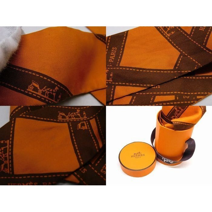 Hermes Twilly Ribbon Scarf Bolduc Pattern Silk Orange — view 4