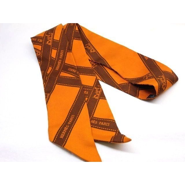 Hermes Twilly Ribbon Scarf Bolduc Pattern Silk Orange