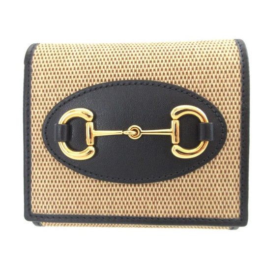 Gucci Horsebit Canvas Leather Beige Navy Blue Bifold Wallet 0437