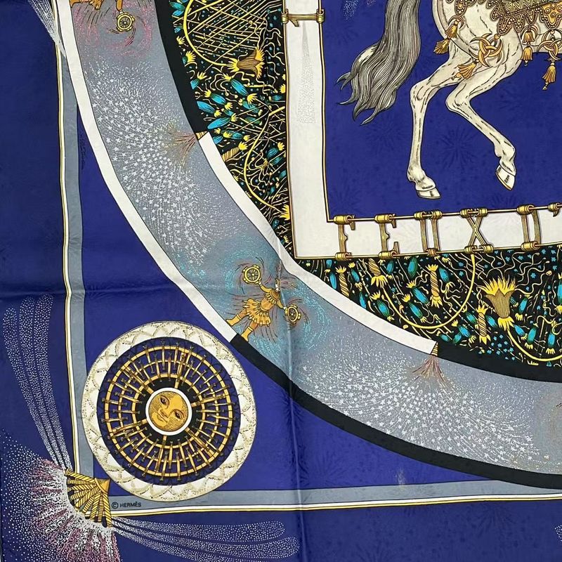 Hermes Carree 90 FEUX D'artifice Artisanal Fire Silk Scarf Navy