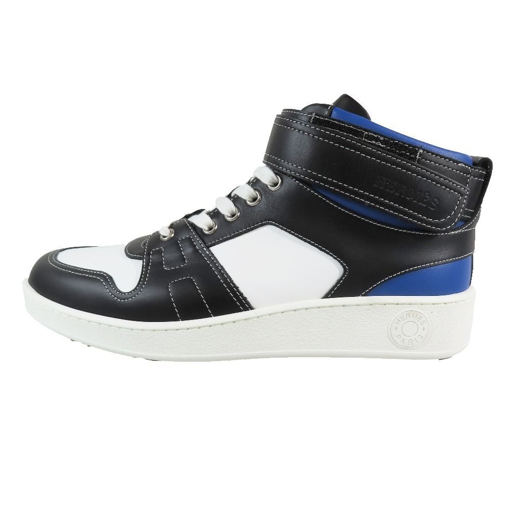 Hermes Logo Clou de Selle Style Leather High-Top Sneakers Shoes Black Blue