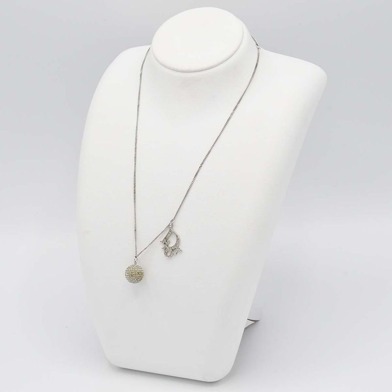 Christian DIOR Necklace Logo Ball Rhinestone Silver Color Accessories Ladies