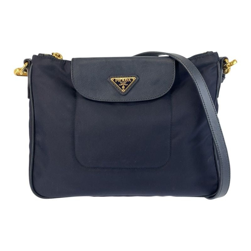 Prada Tessuto Triangle Logo Plate Navy Gold Hardware Nylon Leather Shoulder Bag