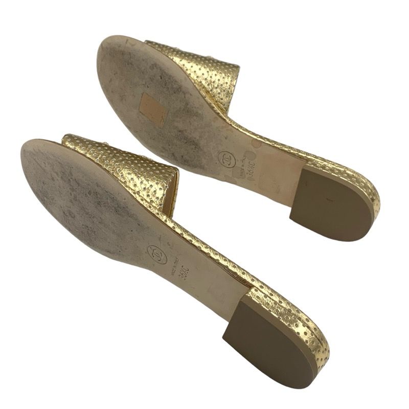 Chanel Sandals Shoes Leather Gold Flat Sandals Mules Coco Mark Punching