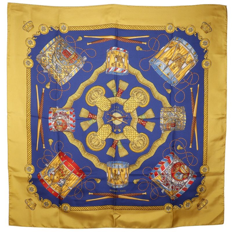 Hermes Carre 90 LES Tambours Tambour Drums Silk Blue Ladies Scarf