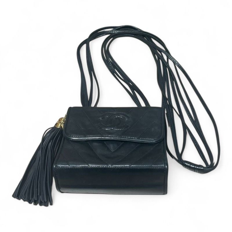 Chanel ⑤ Tassel Mini Shoulder Bag Women Black FREE