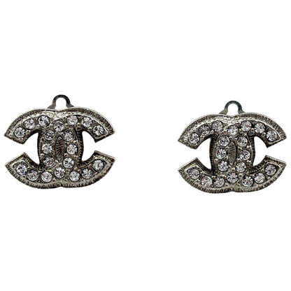 Chanel CC Logo Rhinestone Earrings Silver Plated