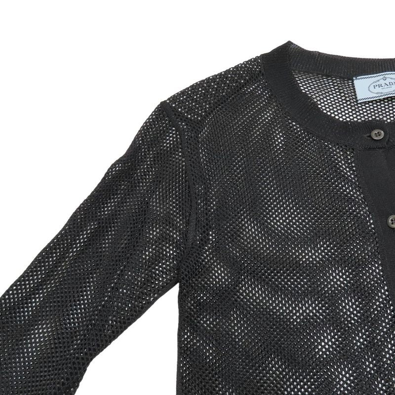 Prada Mesh Cardigan Knit Long Sleeves Crew Neck Woven Cut 38 Black Women Used