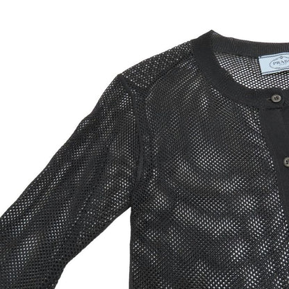 Prada Mesh Cardigan Knit Long Sleeves Crew Neck Woven Cut 38 Black Women Used