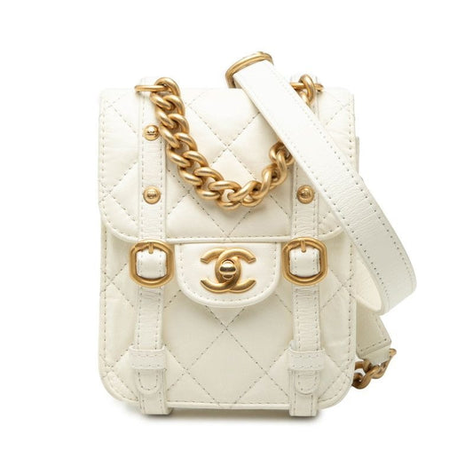 Chanel CC Logo Quilted Chain Shoulder Bag 2-Way White