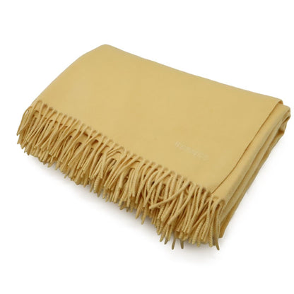 Hermes Shawl Large Throw Fringe Logo Embroidery Cashmere Cream Yellow Scarf