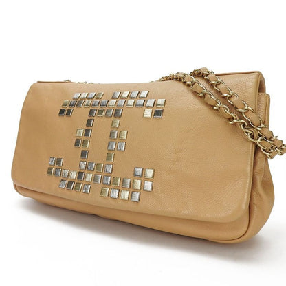 Chanel Shoulder Bag Chain Leather Beige Studded