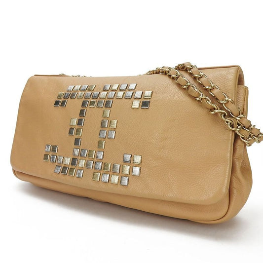 Chanel Shoulder Bag Chain Leather Beige Studded