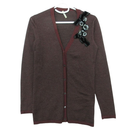 Prada Visual Decoration Knit Cardigan Long Sleeve Top Mvy Wine Red 38