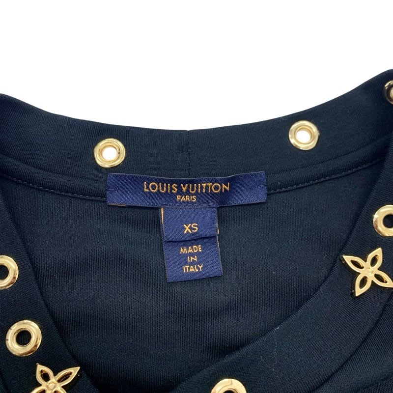 Louis Vuitton Dress Cotton Black Gold Monogram Flower Ruffle