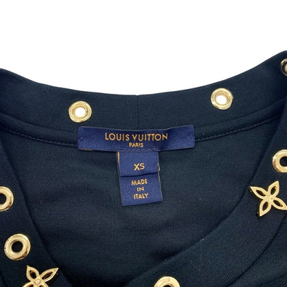 Louis Vuitton Dress Cotton Black Gold Monogram Flower Ruffle